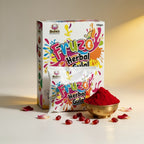 Fruzo Herbal Gulal packaging with a bowl of red powder on a light background