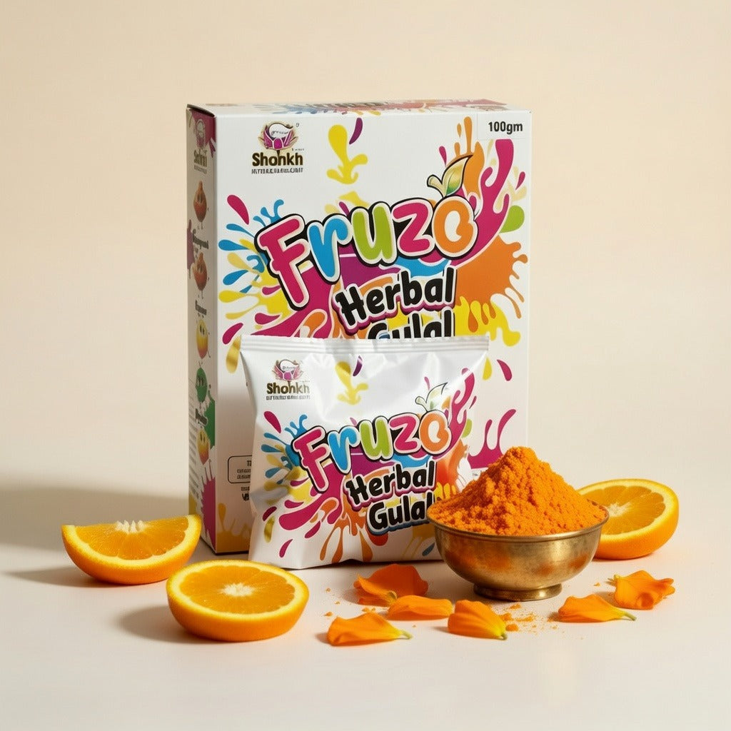 Fruzo Herbal Gulal packaging with turmeric powder and oranges on a beige background