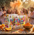 Fruzo Herbal Gulal packaging with a festive background of people celebrating Holi.