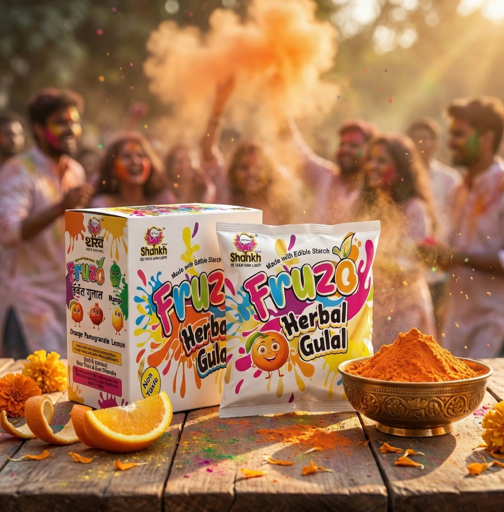Fruzo Herbal Gulal packaging with a festive background of people celebrating Holi.