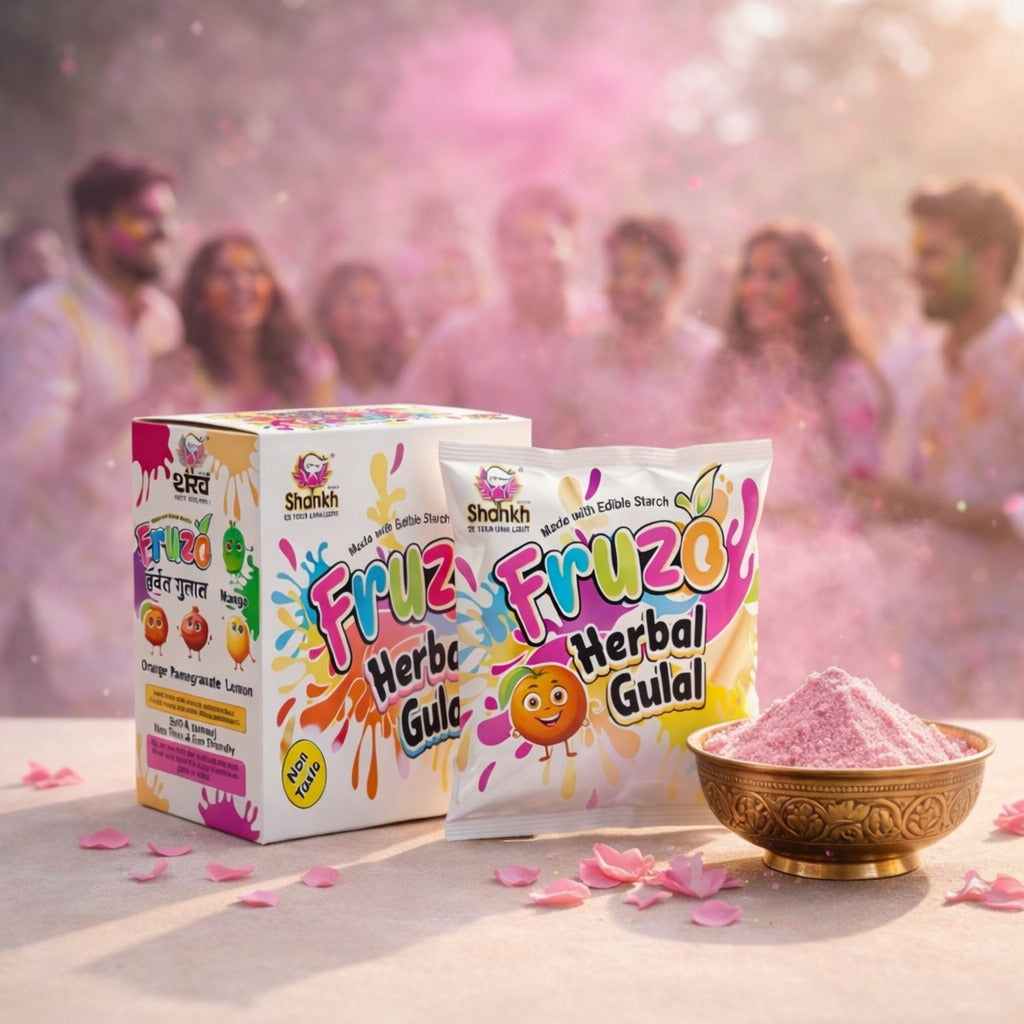 Fruzo Herbal Gulal packaging with a festive background of people celebrating Holi.
