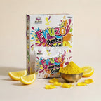 Fruzo Herbal Gulal packaging with yellow powder and lemon slices on a beige background