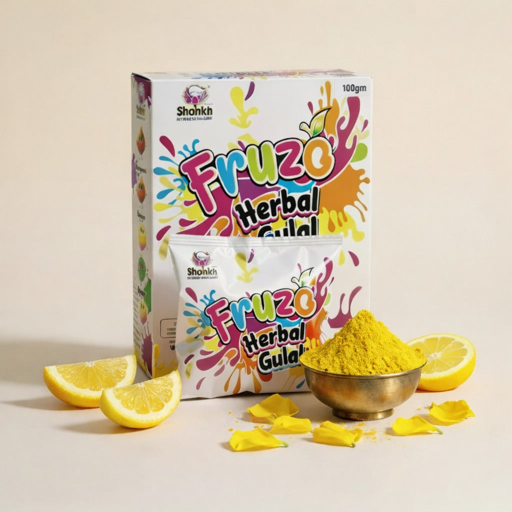 Fruzo Herbal Gulal packaging with yellow powder and lemon slices on a beige background