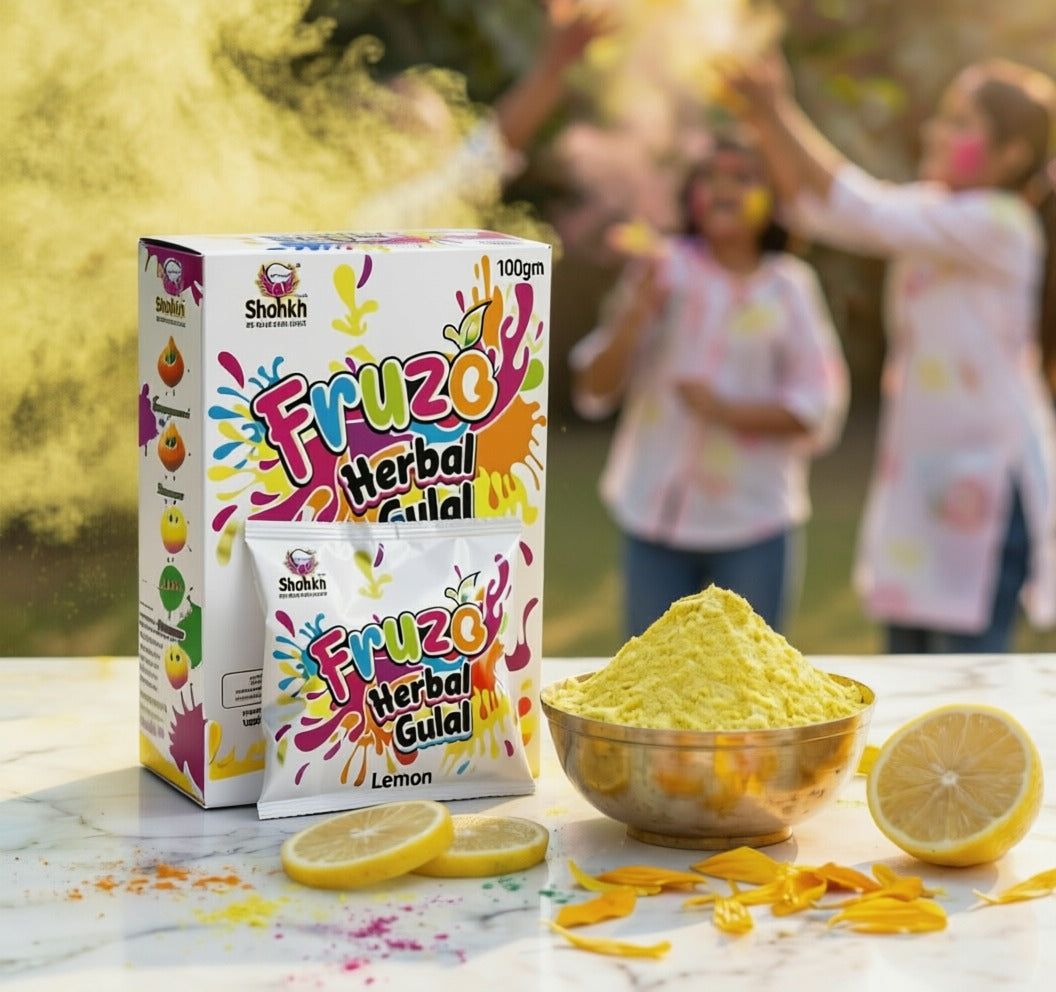 Fruzo Herbal Gulal packaging with gulal powder and lemons on a table, with people in the background.