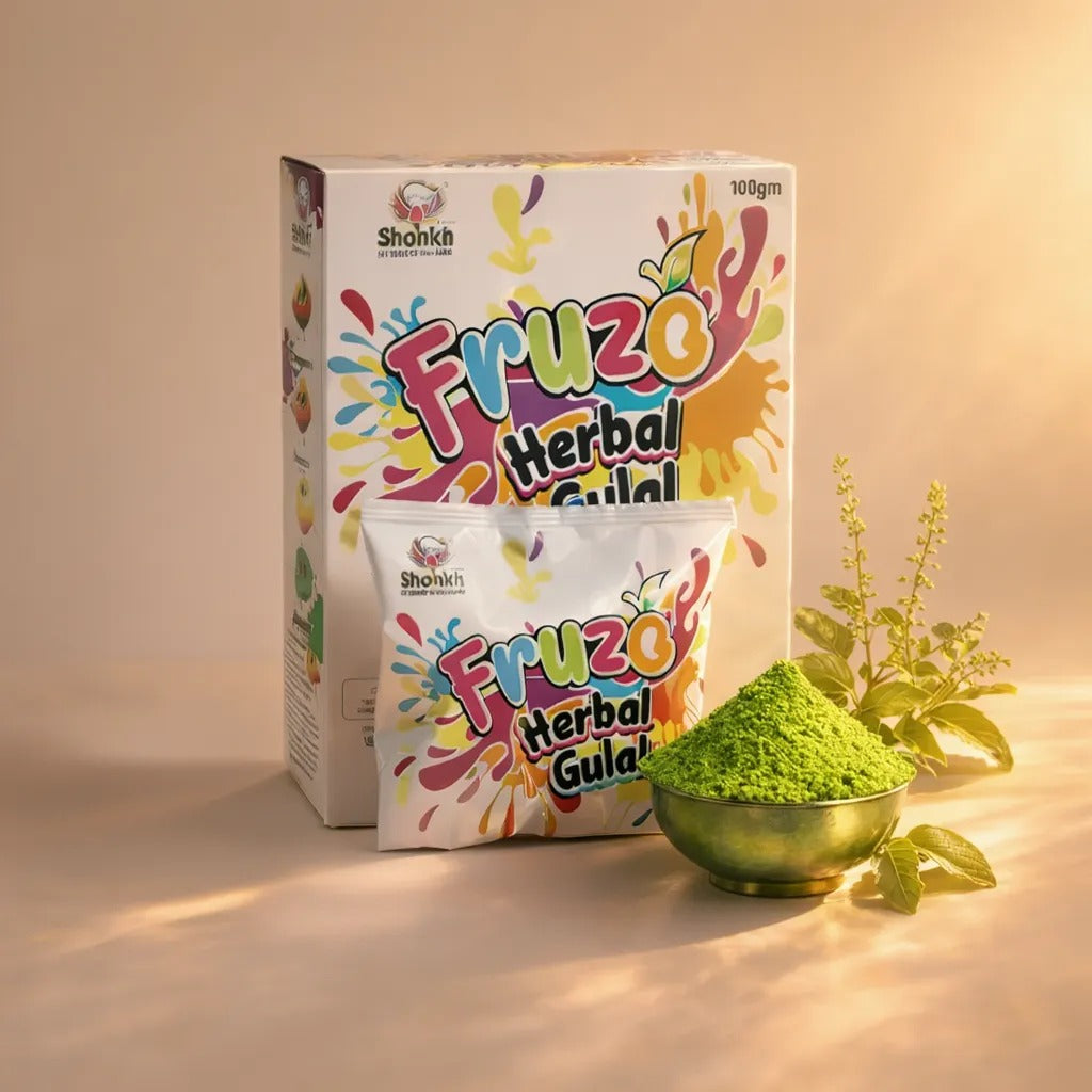 Fruzo Herbal Gulal packaging with green powder in a bowl on a beige background