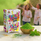 Fruzo Herbal Gulal packaging with green powder in a bowl and people celebrating in the background.