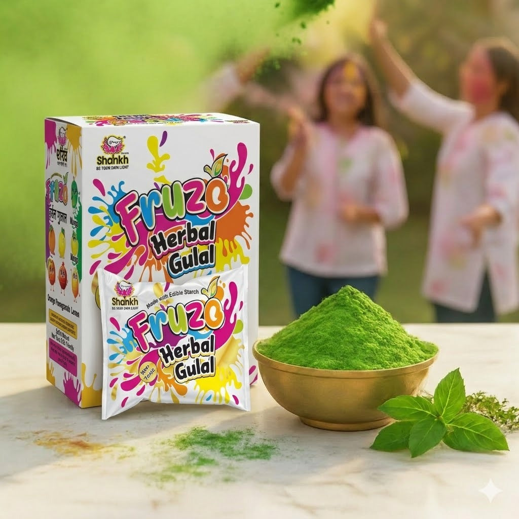 Fruzo Herbal Gulal packaging with green powder in a bowl and people celebrating in the background.