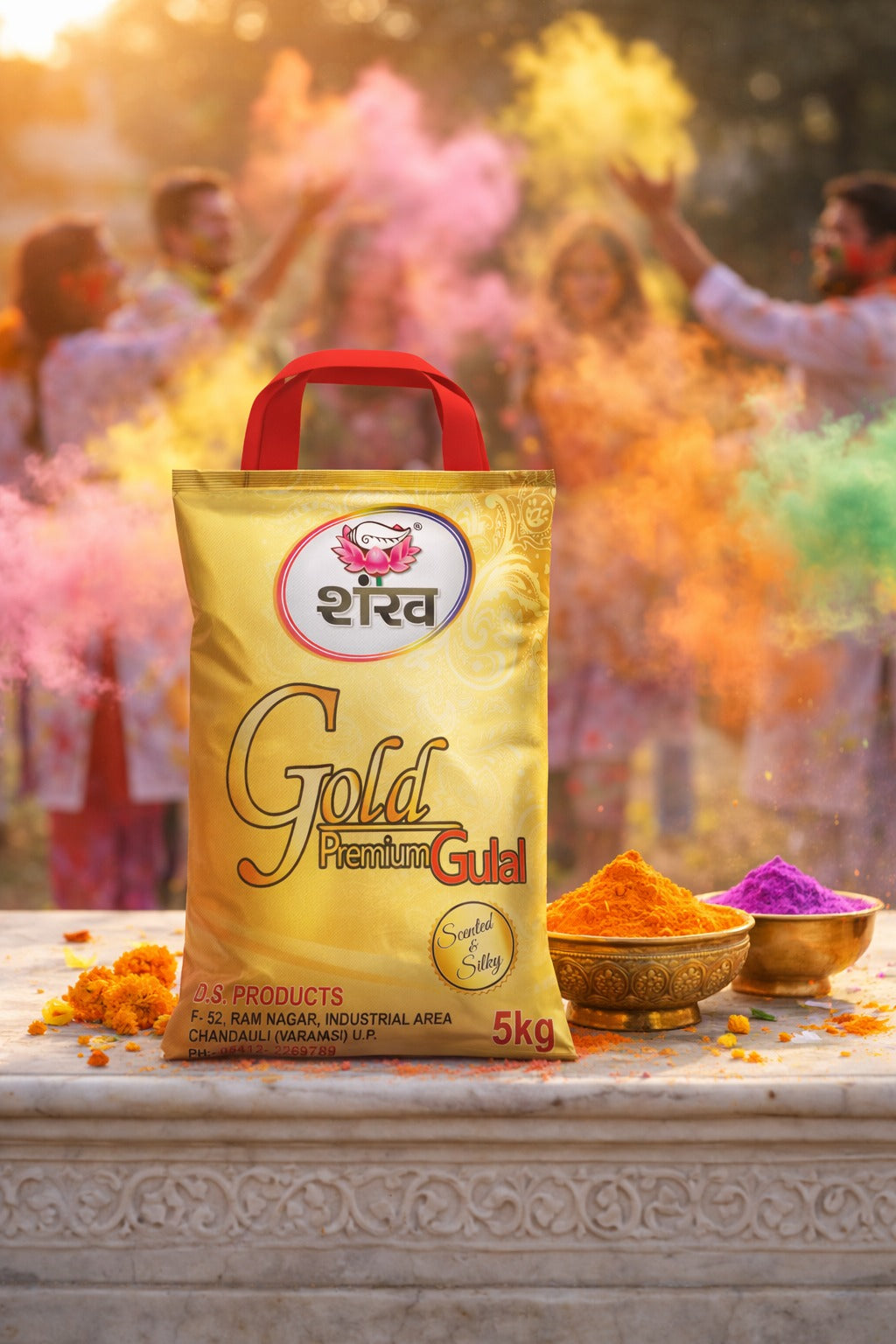 Shanka Gold Premium Gulal packaging with people celebrating Holi in the background