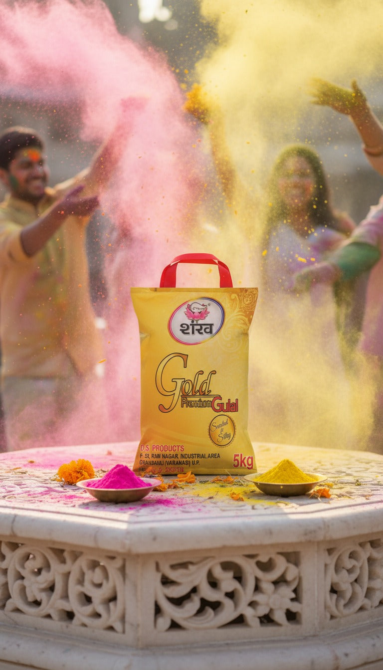 Gold packet with people celebrating Holi in the background