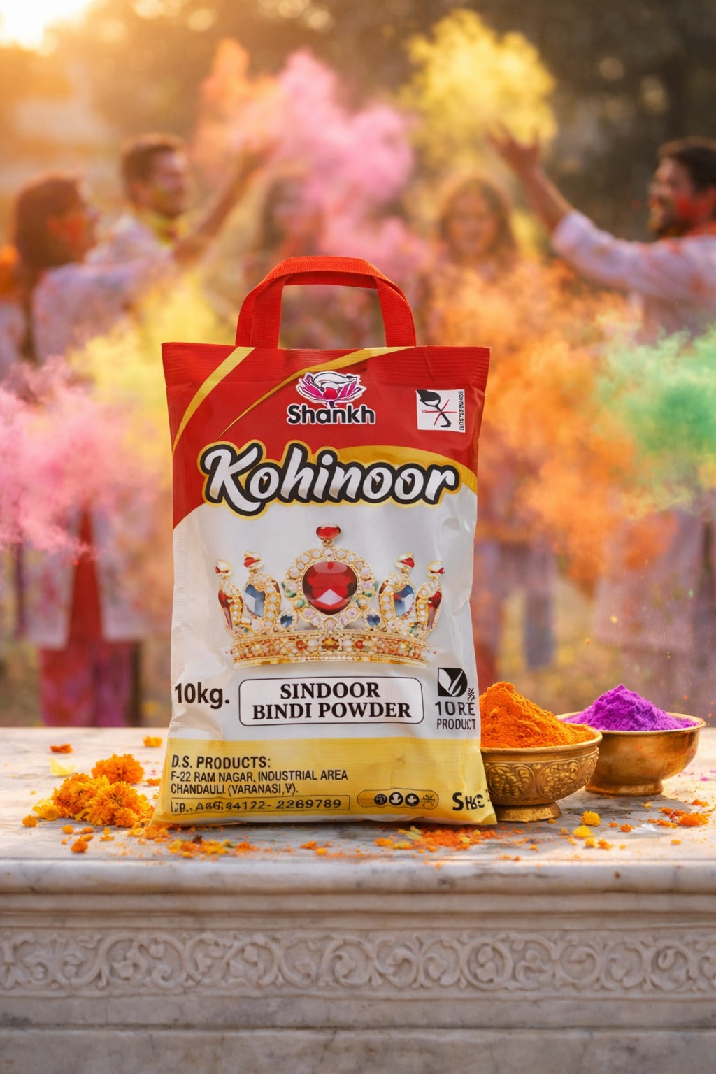 Shankh Kohinoor Sindoor Bindi Powder package with colorful powder in the background