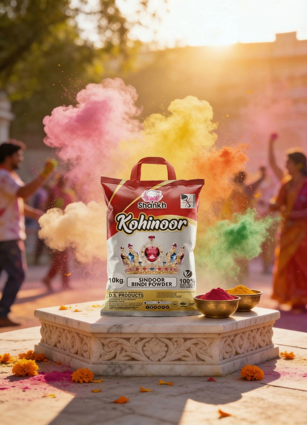 Shankh Kohinoorinda Bindi Powder packaging with colorful powder effects in the background