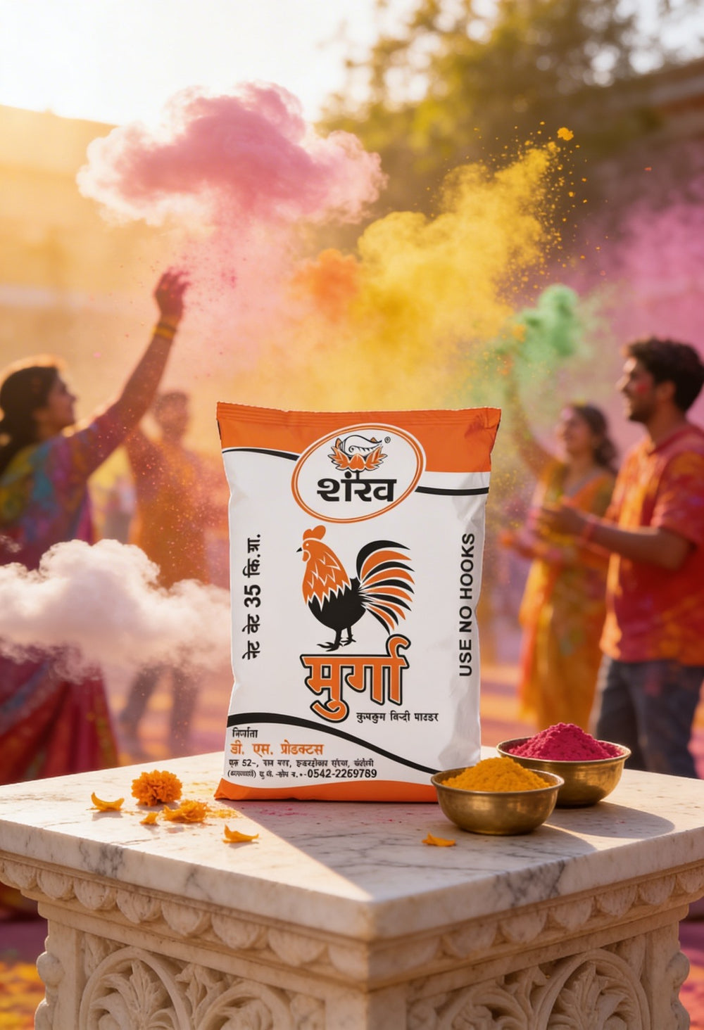 Packaged product on a pedestal with people celebrating Holi in the background