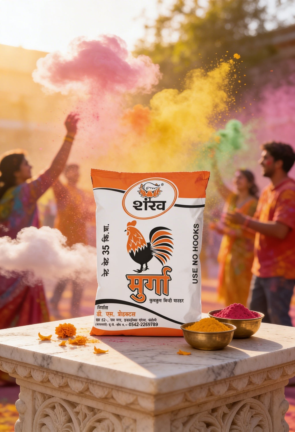 Packaged product on a pedestal with people celebrating Holi in the background