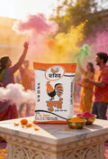 Packaged product on a pedestal with people celebrating Holi in the background