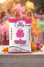 Sareej Ganesha color powder packaging with people celebrating Holi in the background