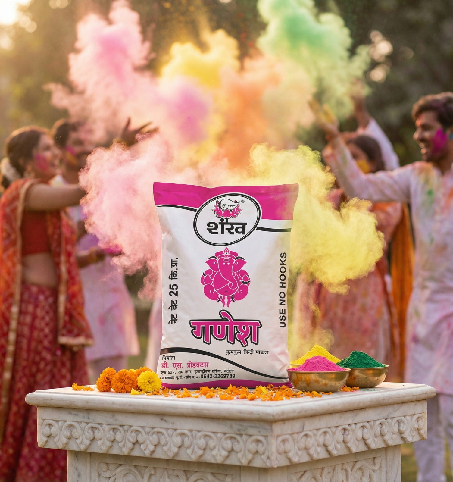 Bag of colored powder with people celebrating Holi in the background