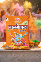 Shahnkh Holi Color Powder packaging with people celebrating Holi in the background.