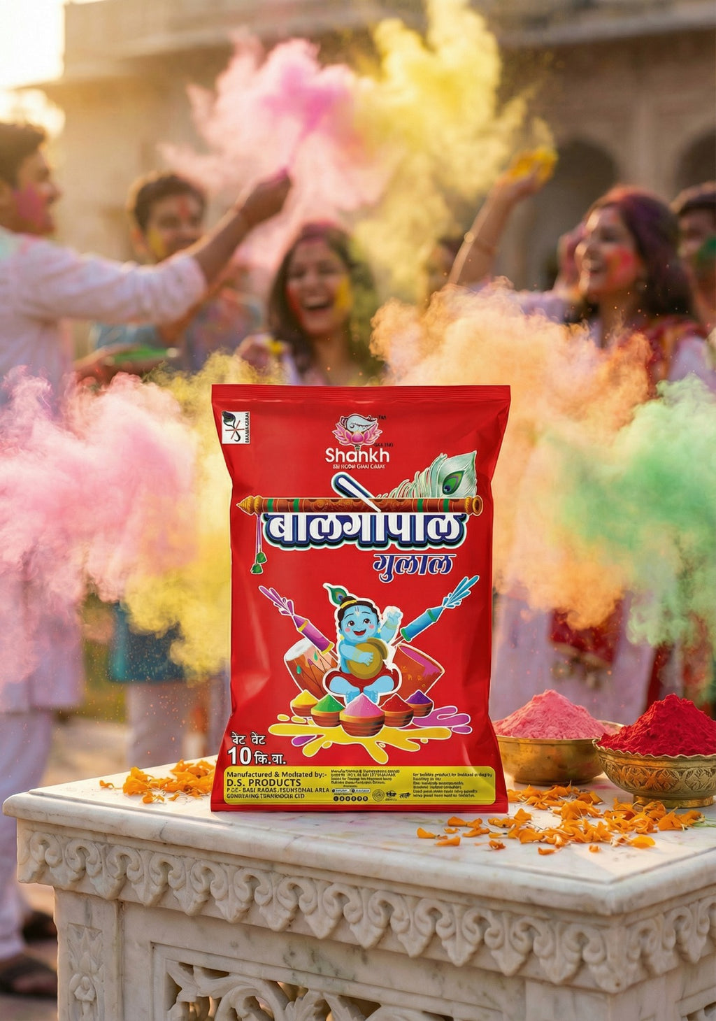 Red packet with colorful powder and people celebrating Holi in the background
