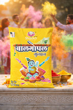 Shahnaz Hathon powder packaging with colorful powder and people celebrating Holi in the background