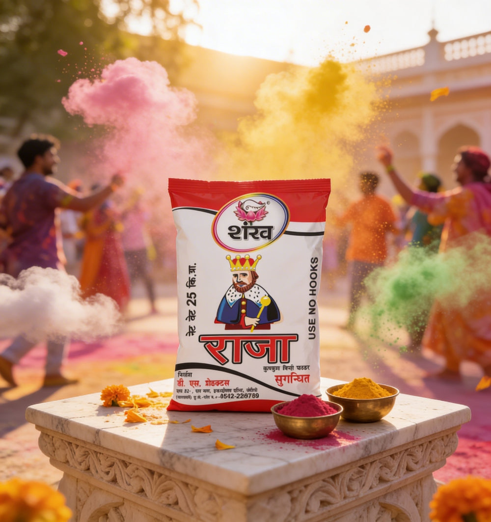 Shankh Raja powder packet with colorful powder and people celebrating Holi in the background