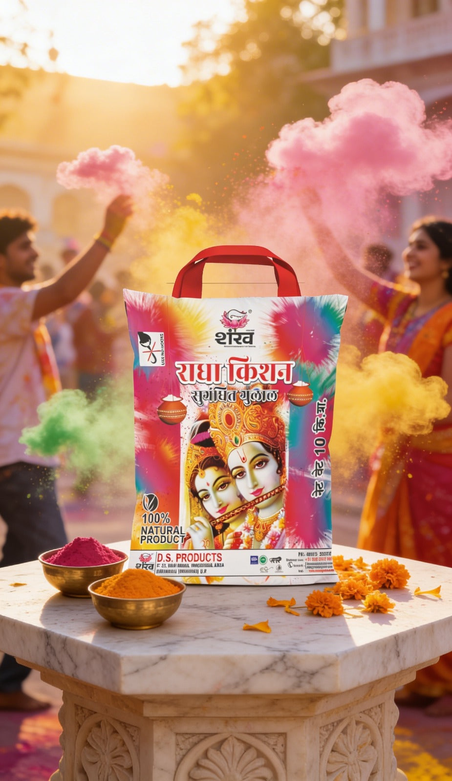 Colorful packaging of Ram Krishna with people celebrating Holi in the background