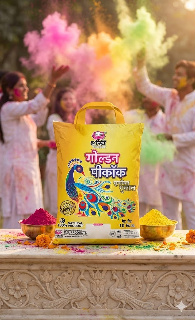 Colorful powder containers with a yellow bag labeled 'Golden Peacock' against a festive background.