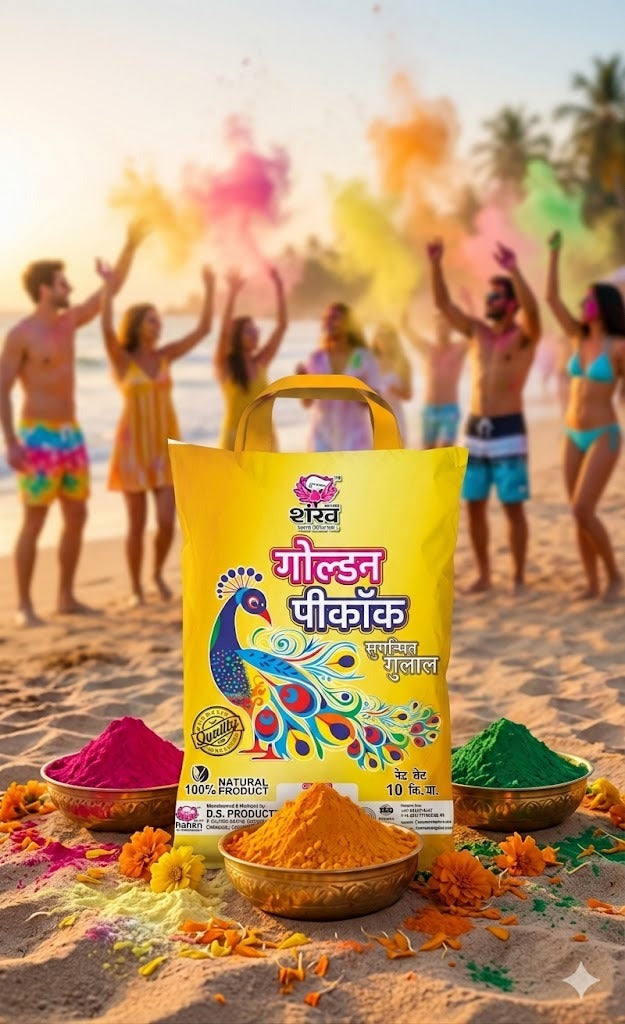 Colorful powder containers with people celebrating Holi on a beach