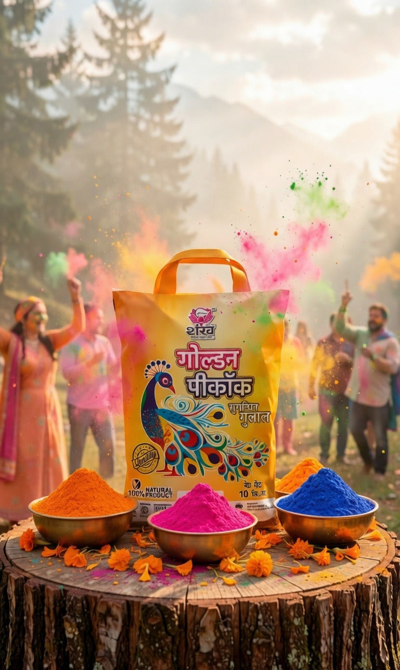 Colorful powder in bowls with a bag of powder on a wooden platform, surrounded by people celebrating Holi in the background.