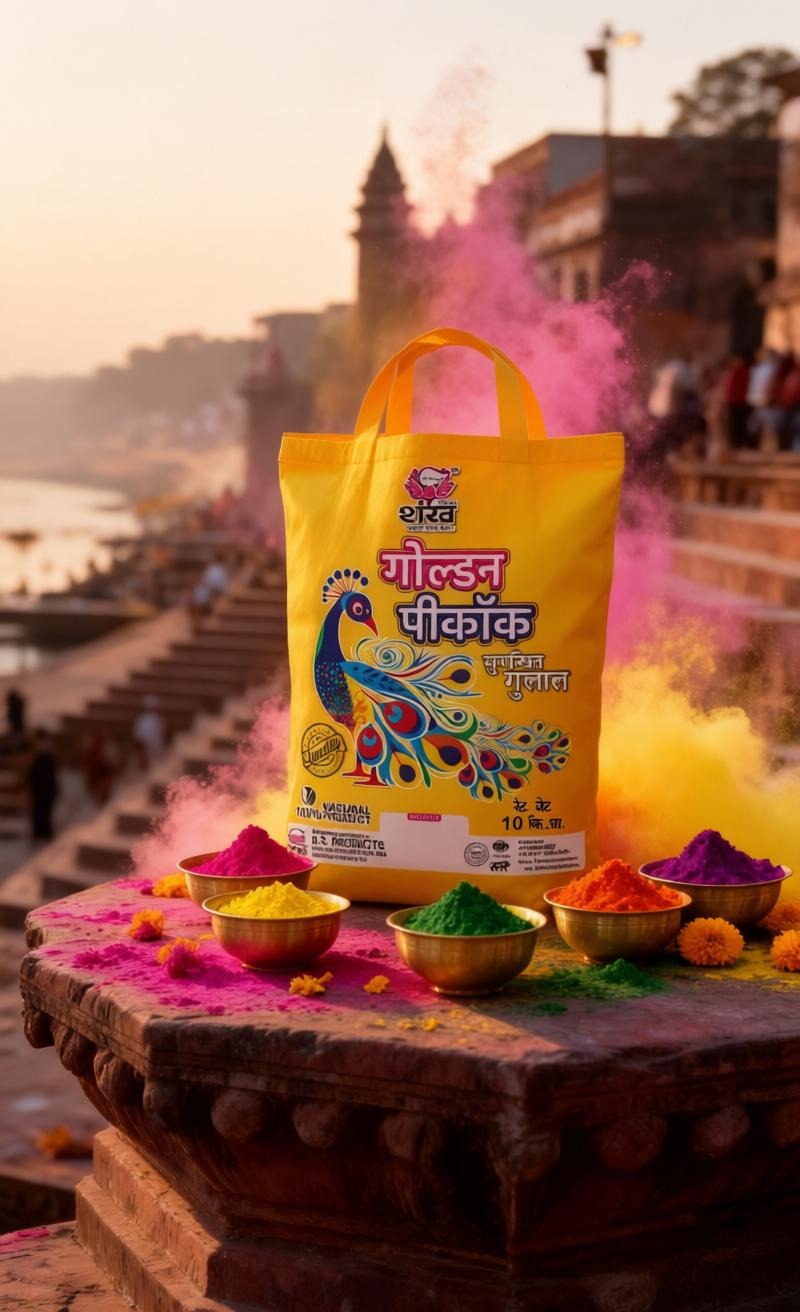 Yellow bag with colorful powders on a stone platform with a scenic background