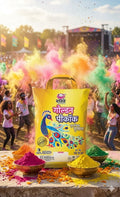 Bag of Holi color powder with colorful powder around, people in the background at a festival.
