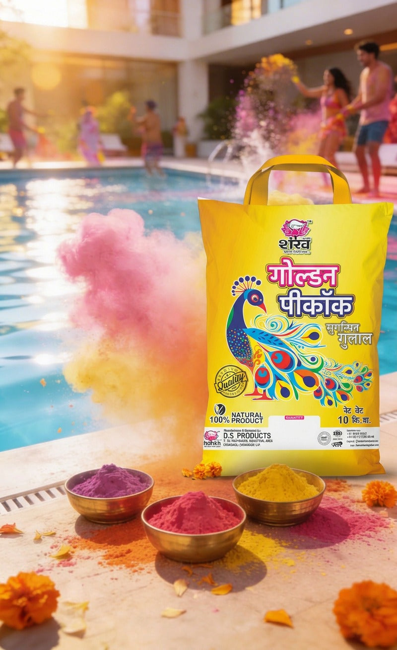 Colorful powder containers with a bag labeled 'Gold Kaka' by a poolside during Holi celebrations.
