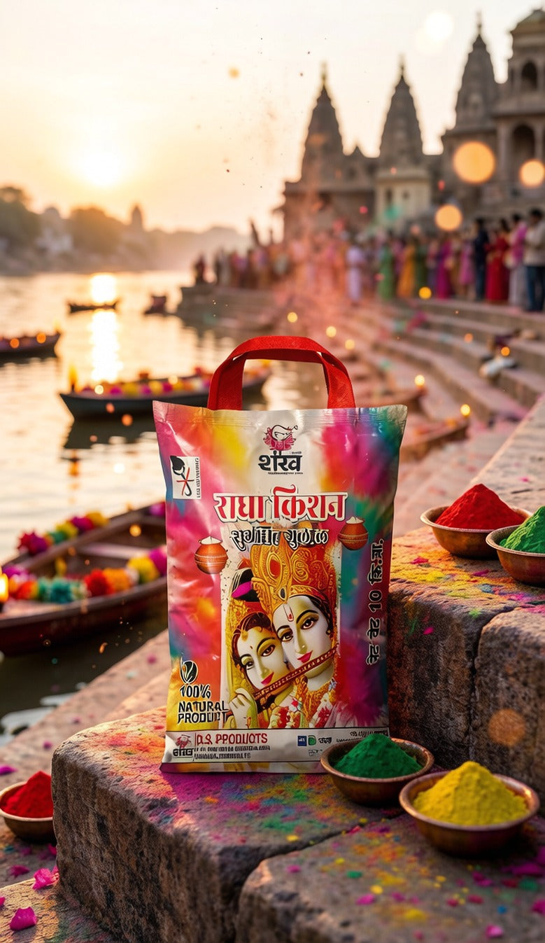 Colorful packet of 'Rama Krishan' on a stone ledge with a temple and river in the background