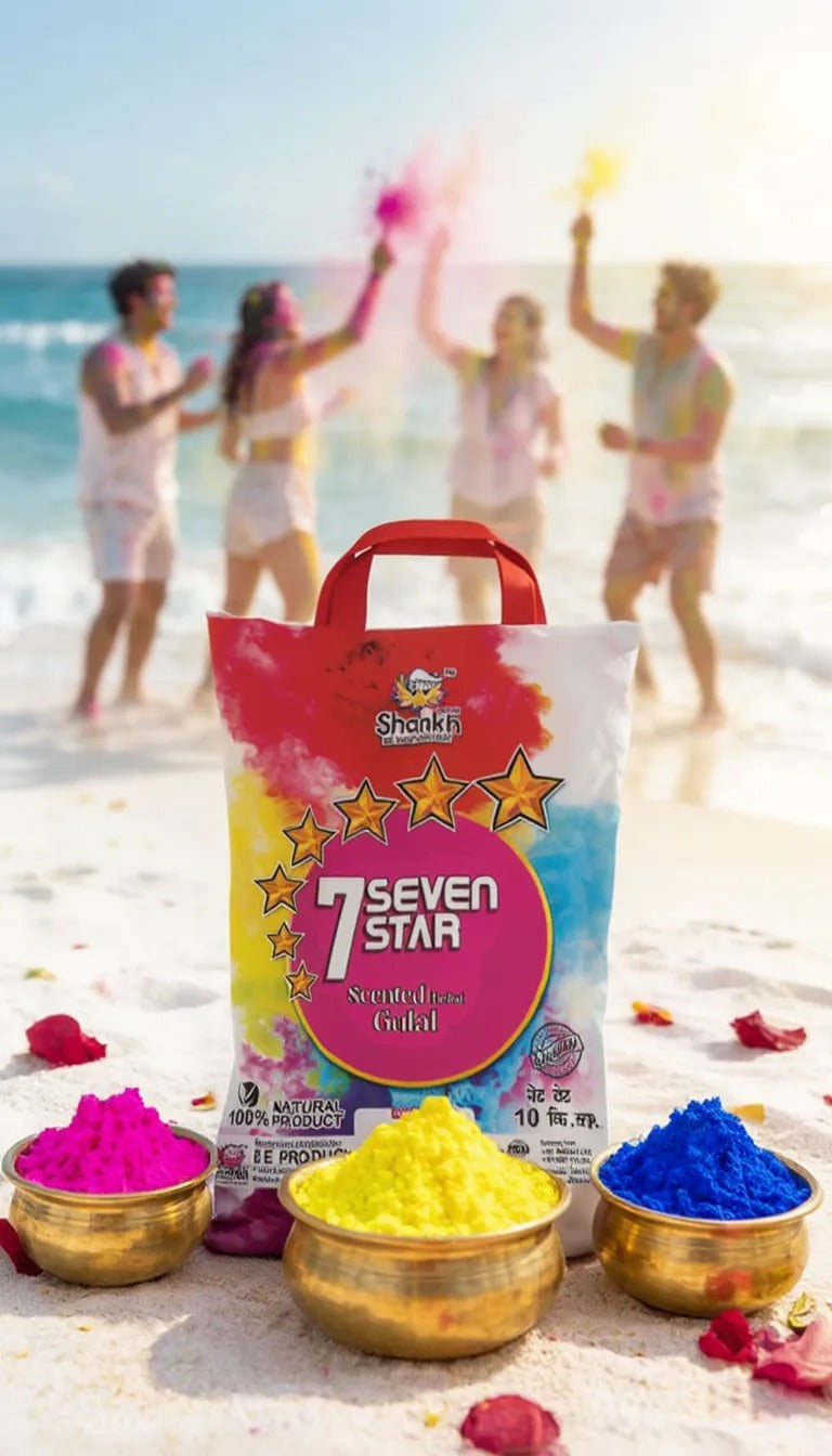 Seven Star product with people playing Holi on a beach