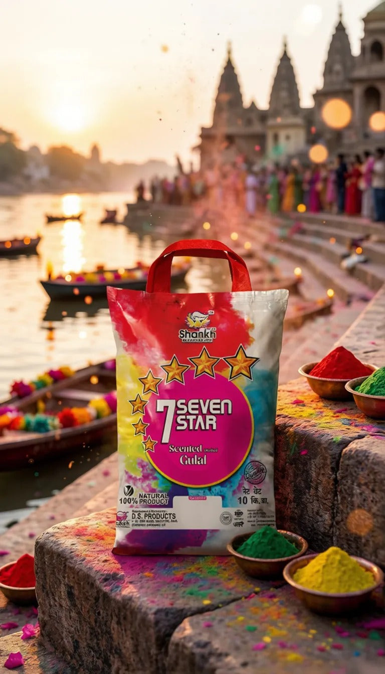 Seven Star brand product with a scenic background of a temple by a river at sunset.