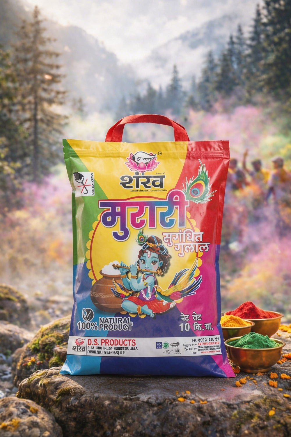 Colorful package with a character design on a natural background
