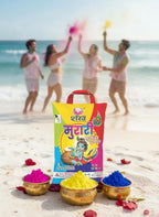Shankh Muratri powder packaging with people playing Holi in the background on a beach.