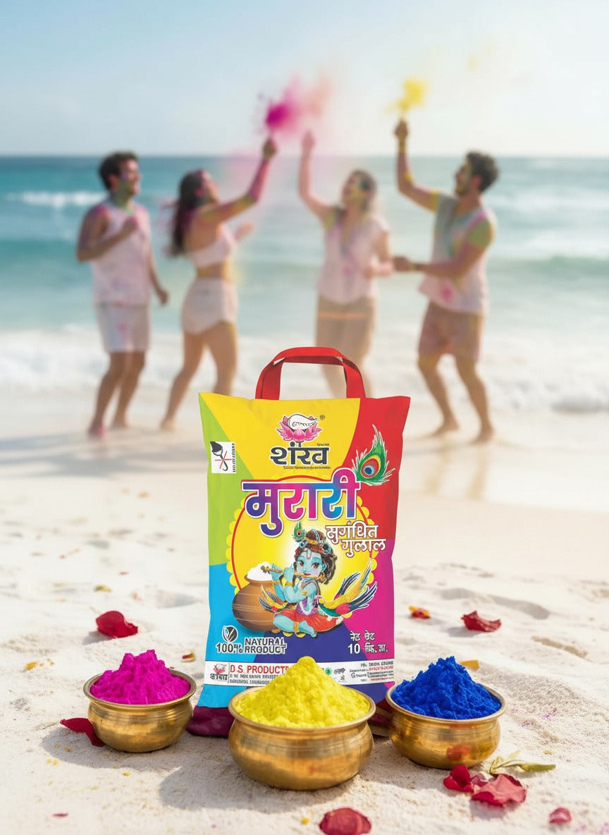 Shankh Muratri powder packaging with people playing Holi in the background on a beach.