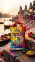 Sachet of Murari powder with a temple and river background