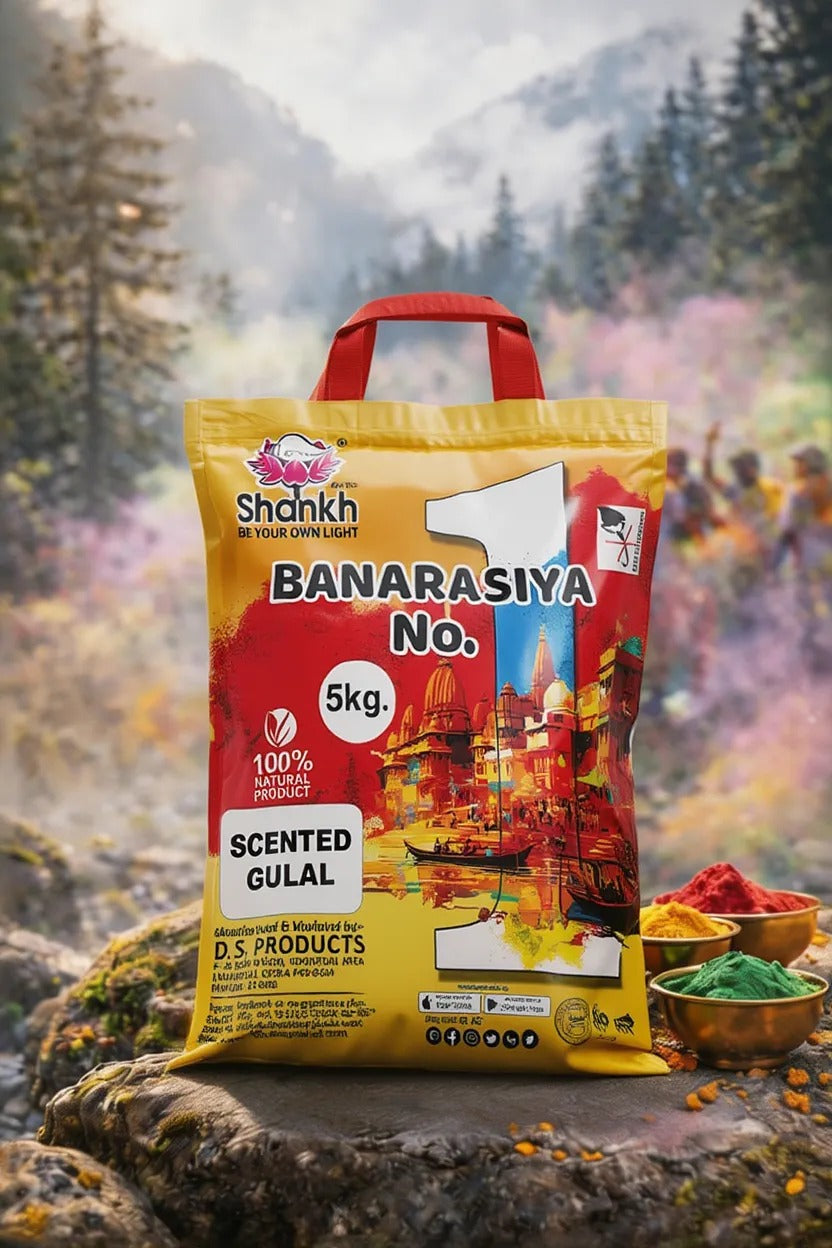 Bag of Shankh Banarasiya Gulal with scenic background