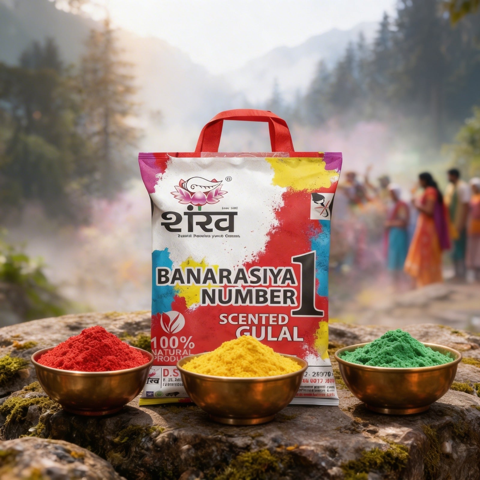 Banarasiya Number 1 scented gulal packaging with colorful powders on a natural background