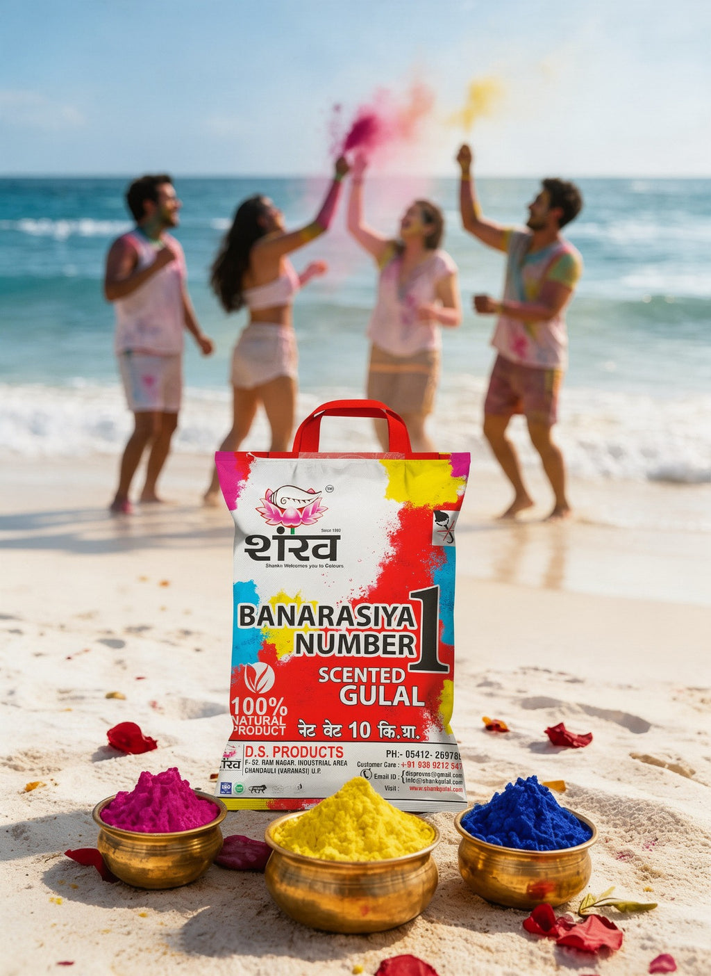 Banarasiya Number scented gulal packaging on a beach with people celebrating Holi.