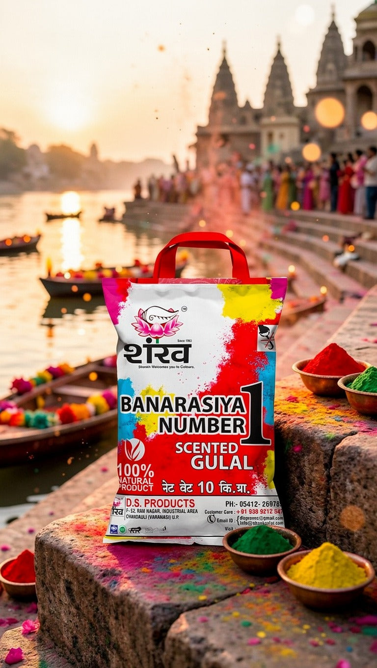 Packaged product with colorful gulal on a scenic background of a river and temple.