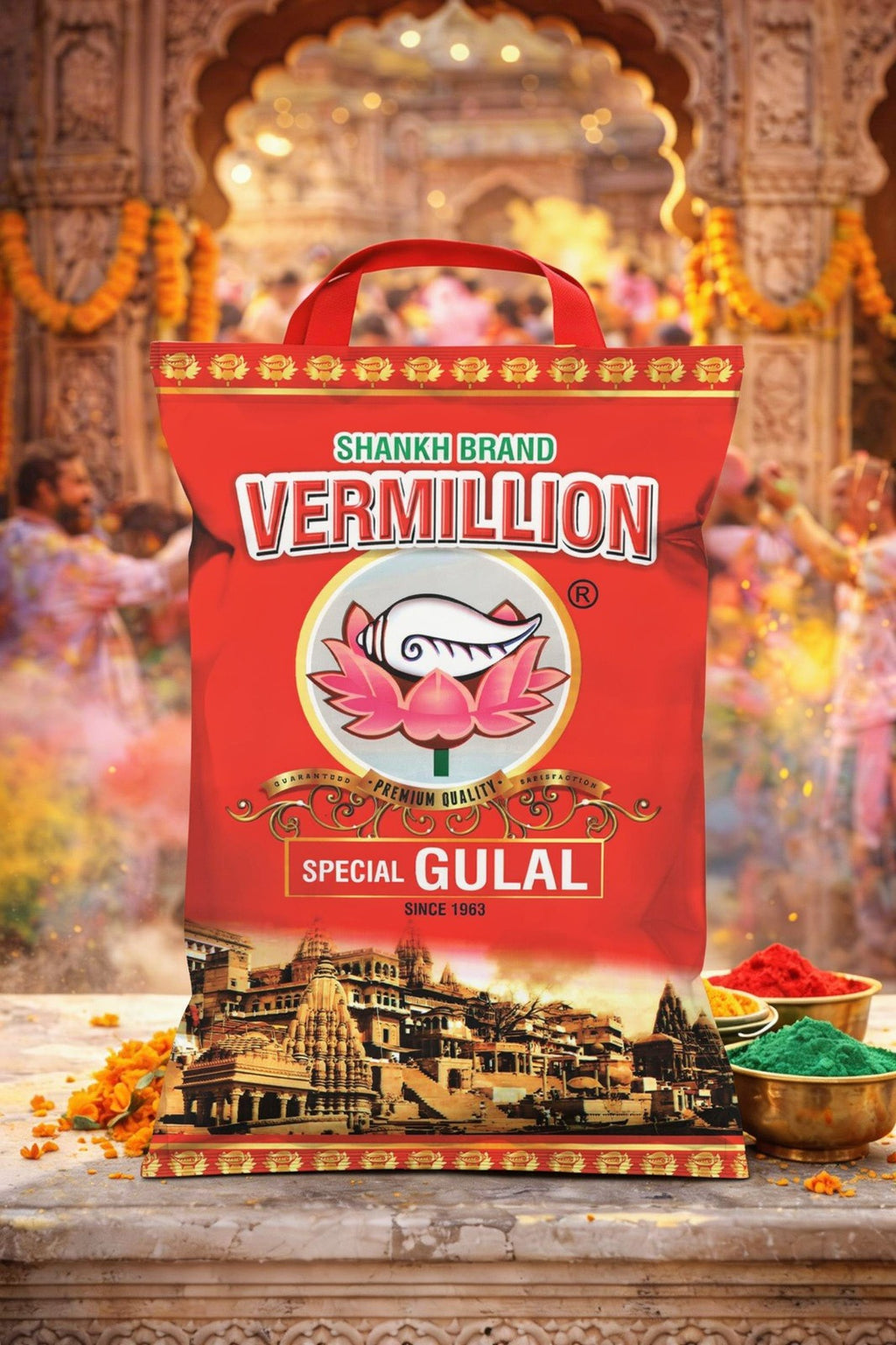 Shankh Brand Vermillion packaging with traditional Indian setting