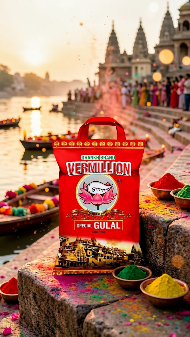 Vermillion packaging with traditional Indian architecture and a river scene in the background