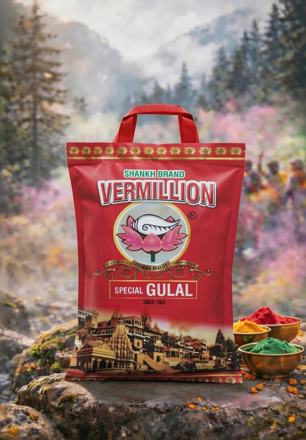 Red package of Shankh Brand Vermillion Special Gulal with a scenic background