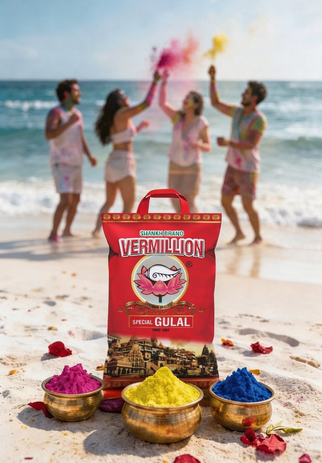 Vermillion Gulal packaging with people celebrating Holi on a beach