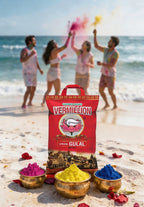 Vermillion Gulal packaging with people celebrating Holi on a beach