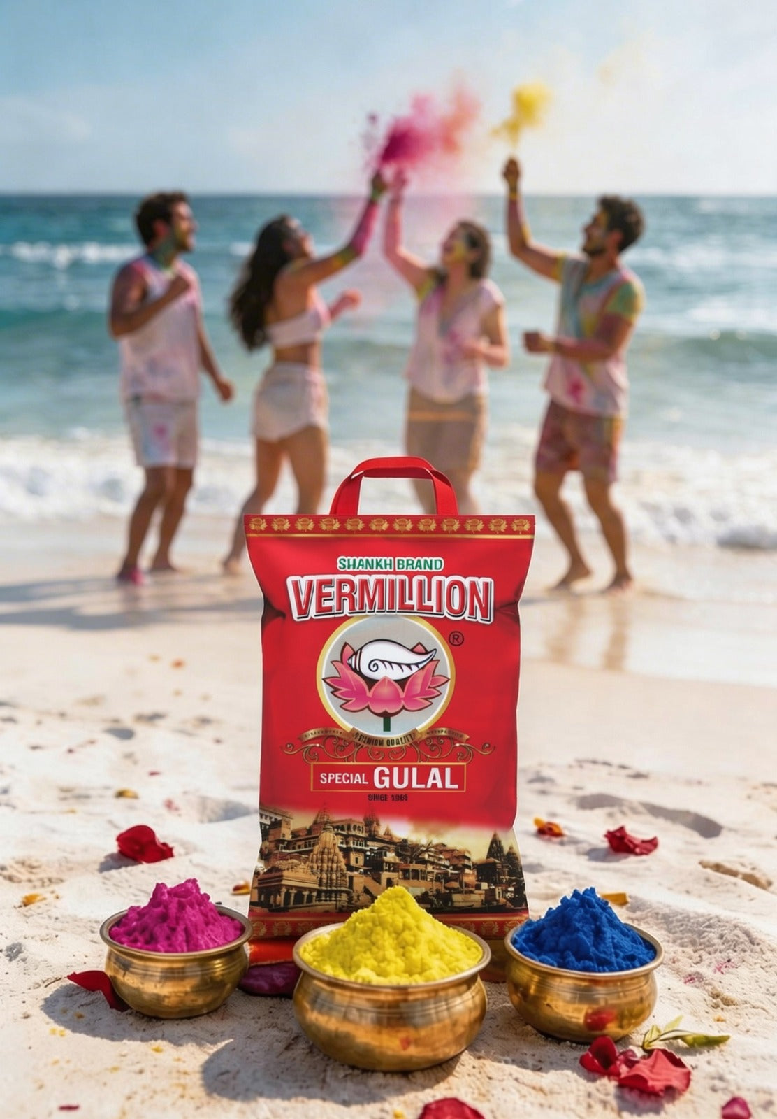 Vermillion Gulal packaging with people celebrating Holi on a beach