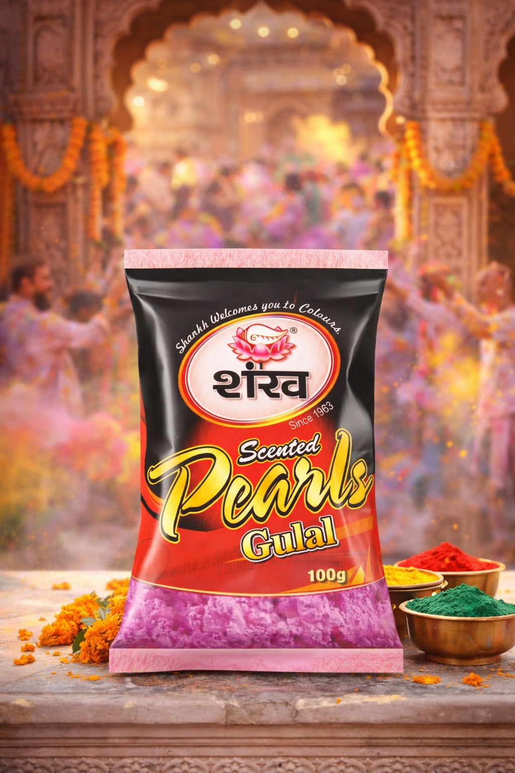 Shankar Scented Pearl Gulal packaging with traditional setting in the background