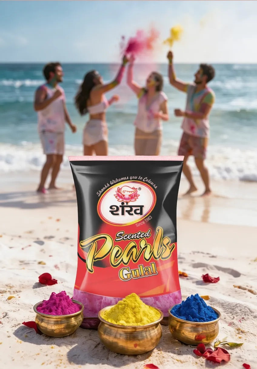 Scented Powder Gulal packaging with people celebrating Holi on a beach